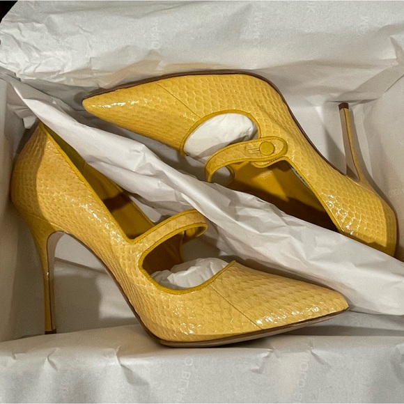 MANOLO BLAHNIK Yellow Mary Jane Snakeskin Heels Pumps CAMPARI Sz 38 NEW $995 - Picture 12 of 15